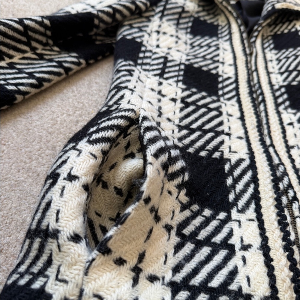 Angel Nina Plaid Wool Blend Coat Women Size 40 Black Cream Long Zip Jacket - Picture 14 of 16